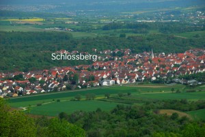 A view of Dettingen from the "Teck," a high hill to the east. The location of the ancestral area "Schlossberg" is indicated