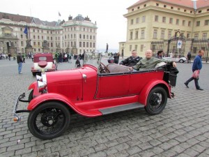 Clients of ours in May enjoy a jalopy ride around historic Prague