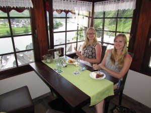 Christina and her sister Jennifer enjoy their after lunch cake above Beilstein on the final day of their Germany, Switzerland and Alsace travel experience