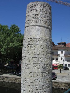 Column with Latin inscription noting that the bridge was built with money raised by the citizens of the Roman town