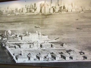 Ellis Island in New York Harbor circa 1935, a photograph in the lobby of the German Emigration Museum