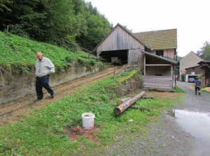 Ken Temple walks out of the sawmill 'Boxmühle' on the edge of Wartenfels. There is a possible ancestral connection to this old mill. 