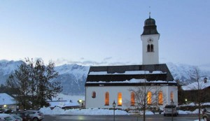 The church of Lans, Austria across from our lodge. This was taken the evening after the big snow. 