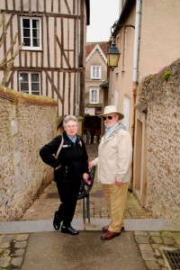 Newly arrived guests Gayle and Peter on one of the several narrow lanes, called 'Tertre' which connect upper and lower Chartres