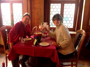 Tour guide James Derheim and Mariana enjoy their fondue lunch in Appenzell. 