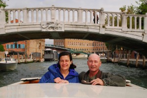 Steve and Debbie from Chicago arrive in Venice in style on a private water taxi at the start of their spring, 2014 tour of Italy. 